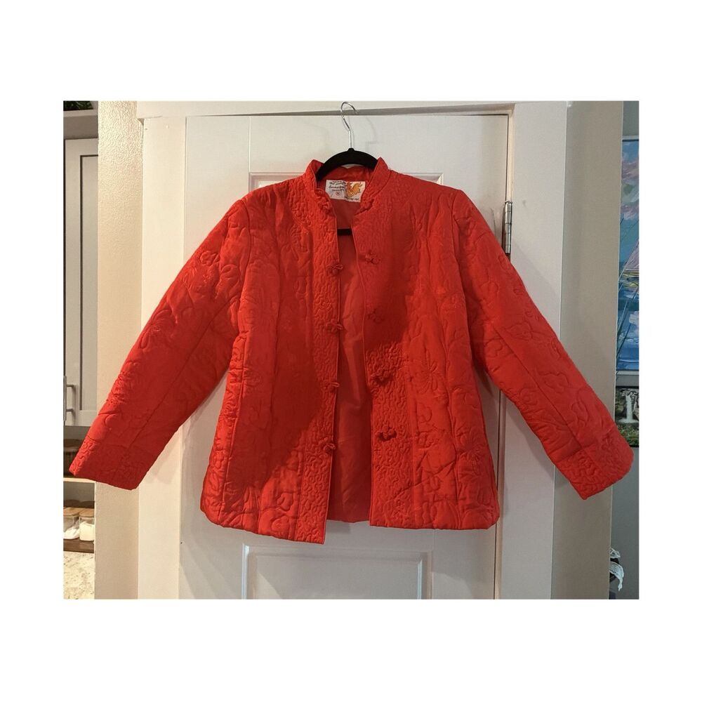 Red Silk Quilted Floral Collared Jacket-M
